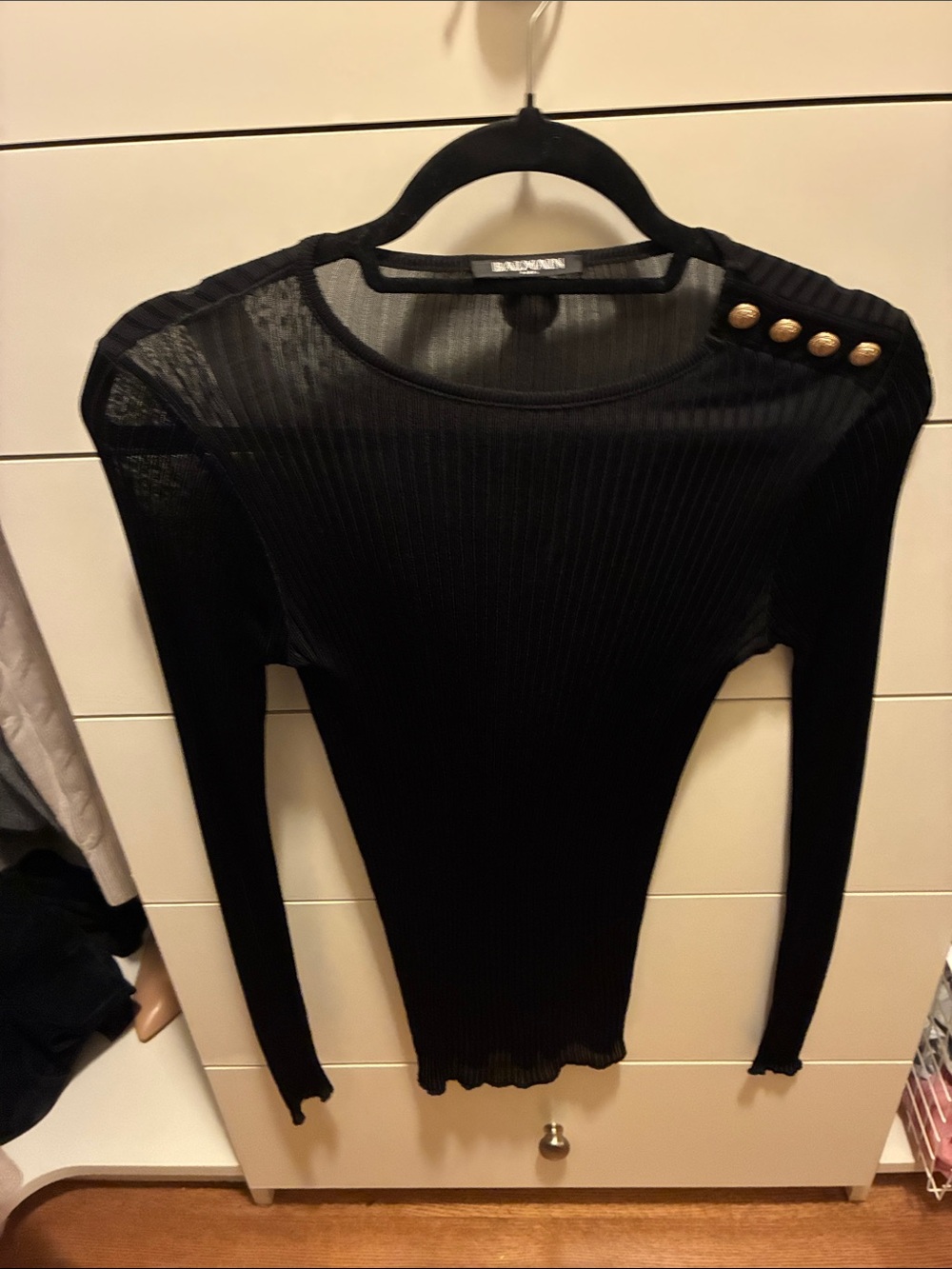 Balmain Black Ribbed Long-Sleeve Top with Gold Shoulder Buttons